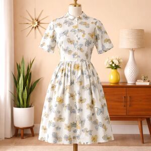 Vintage 1950s Cos Cob Butterfly Print Day Dress Size 9/10 (Modern Small)